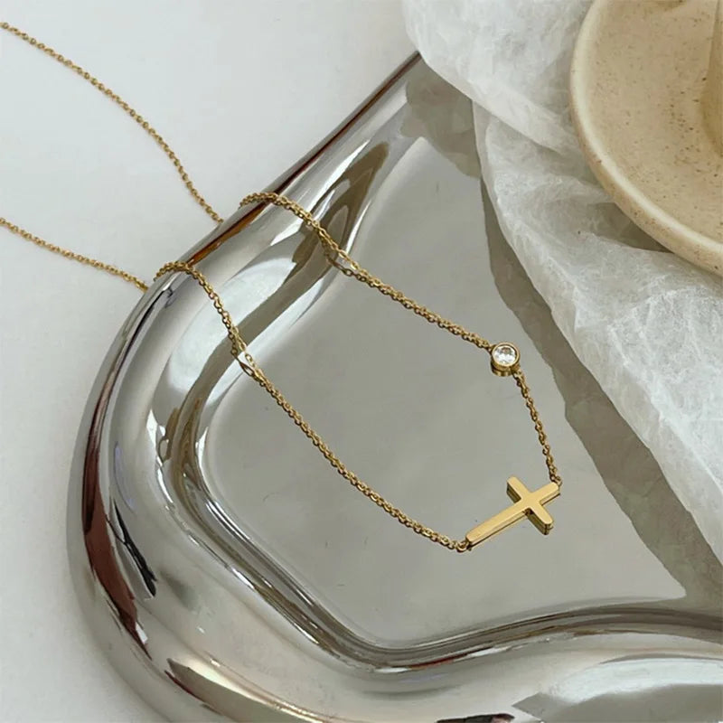 18k gold collarbone chain with micro inlaid cross necklace and bracelet