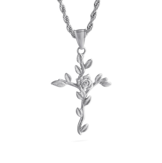 Rose & Cross Design 925 Sterling Silver Pendant Necklace Vintage Women Chain Necklaces Gothic Jewelry Accessories (Lam Hub Fong)