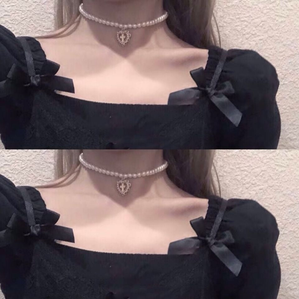 Punk Gothic Harajuku Pearl Chain Hollow Heart Shaped Pendant Retro Court Cross Choker Necklace Fashion Jewelry for Women Girls