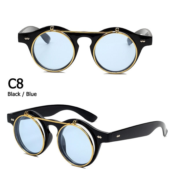 Round SteamPunk Flip Up Sunglasses Classic Double Layer Clamshell Design Sun Glasses