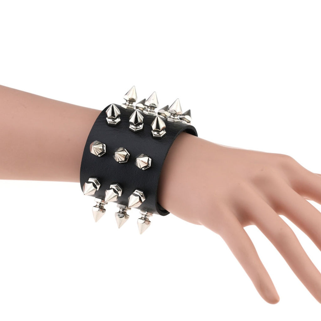 Punk Gothic Rock Cuspidal Spikes Rivet Cone Stud Wide Leather Cuff Bracelet Wristbands Charm Bangle Fashion Unisex Jewelry