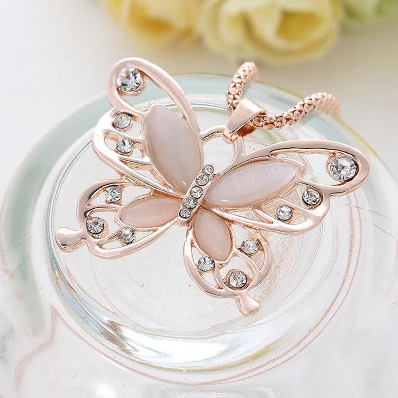 Rose Gold Opal Butterfly Pendant Women's Exquisite Necklace Sweater Chain jewelry