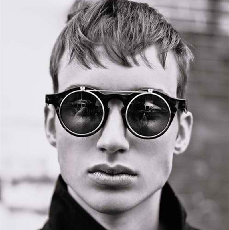 Round SteamPunk Flip Up Sunglasses Classic Double Layer Clamshell Design Sun Glasses