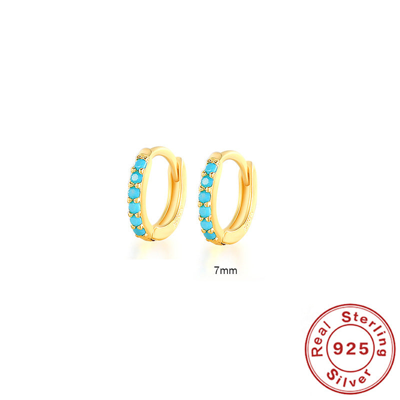 S925 Sterling Silver Circle Earrings with Turquoise and Diamond Inlay 18K Gold Plated Stud Earrings Jewelry