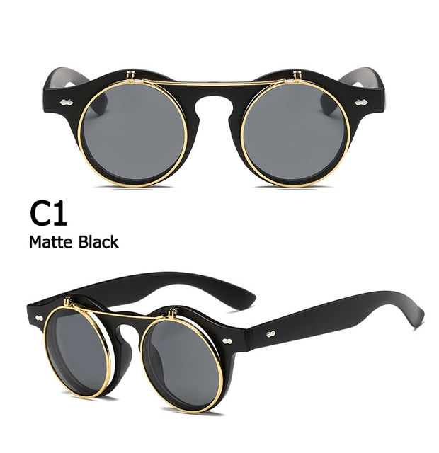 Round SteamPunk Flip Up Sunglasses Classic Double Layer Clamshell Design Sun Glasses