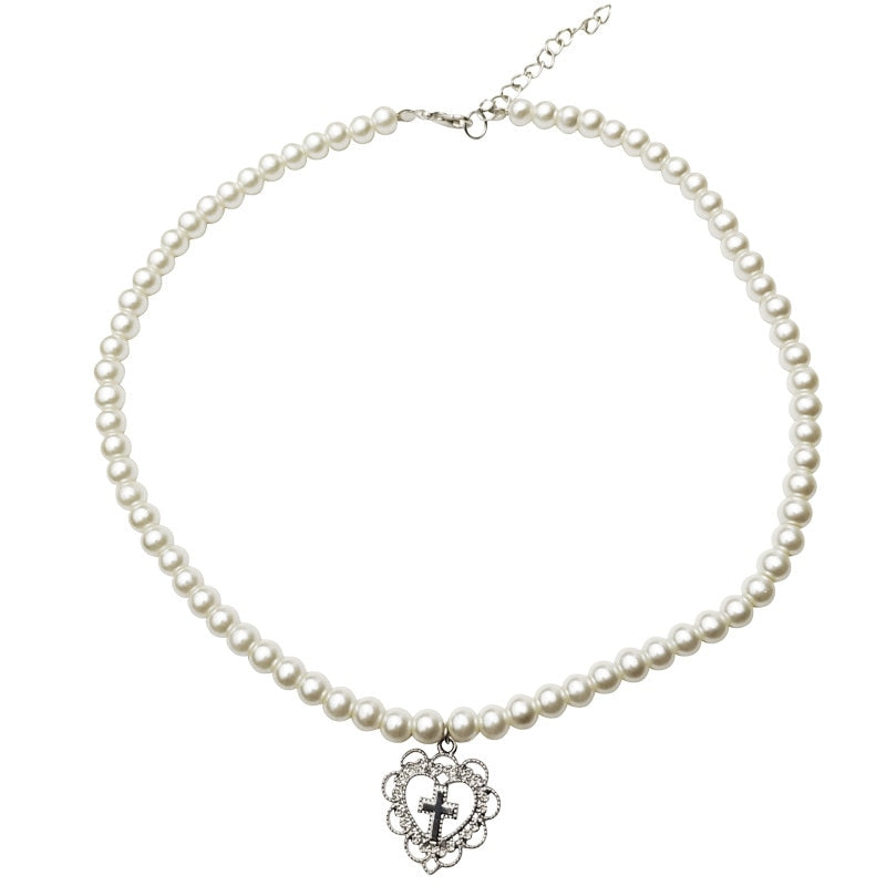 Punk Gothic Harajuku Pearl Chain Hollow Heart Shaped Pendant Retro Court Cross Choker Necklace Fashion Jewelry for Women Girls