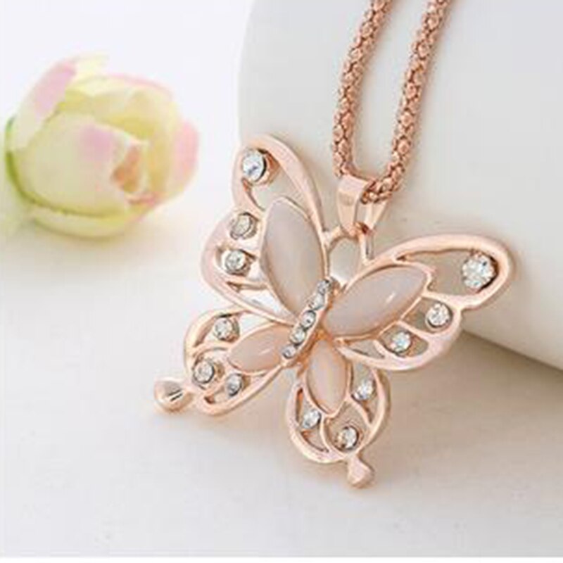 Rose Gold Opal Butterfly Pendant Women's Exquisite Necklace Sweater Chain jewelry