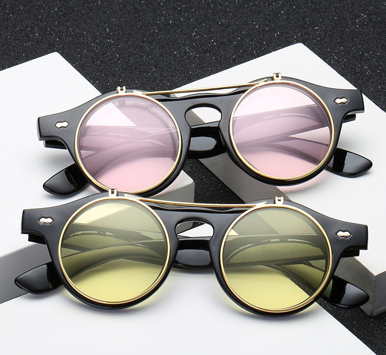 Round SteamPunk Flip Up Sunglasses Classic Double Layer Clamshell Design Sun Glasses