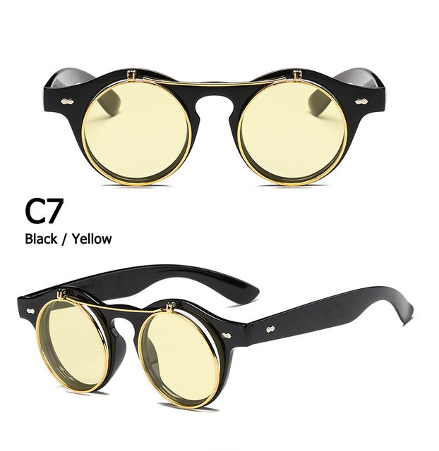 Round SteamPunk Flip Up Sunglasses Classic Double Layer Clamshell Design Sun Glasses