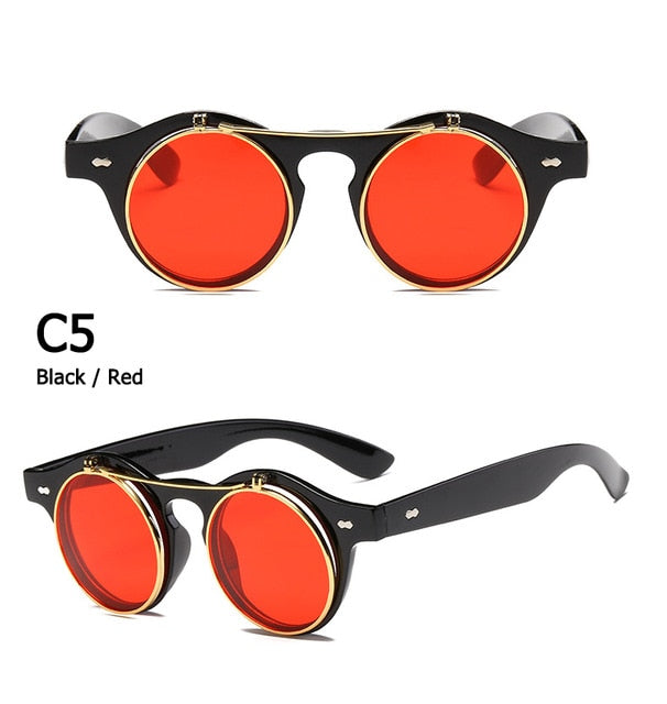 Round SteamPunk Flip Up Sunglasses Classic Double Layer Clamshell Design Sun Glasses