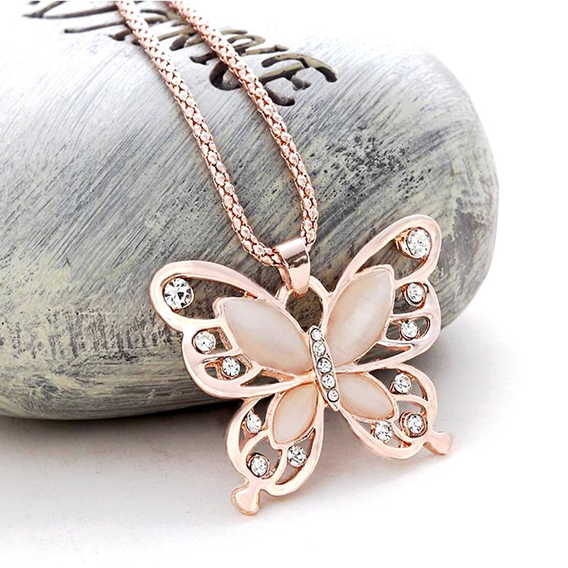 Rose Gold Opal Butterfly Pendant Women's Exquisite Necklace Sweater Chain jewelry
