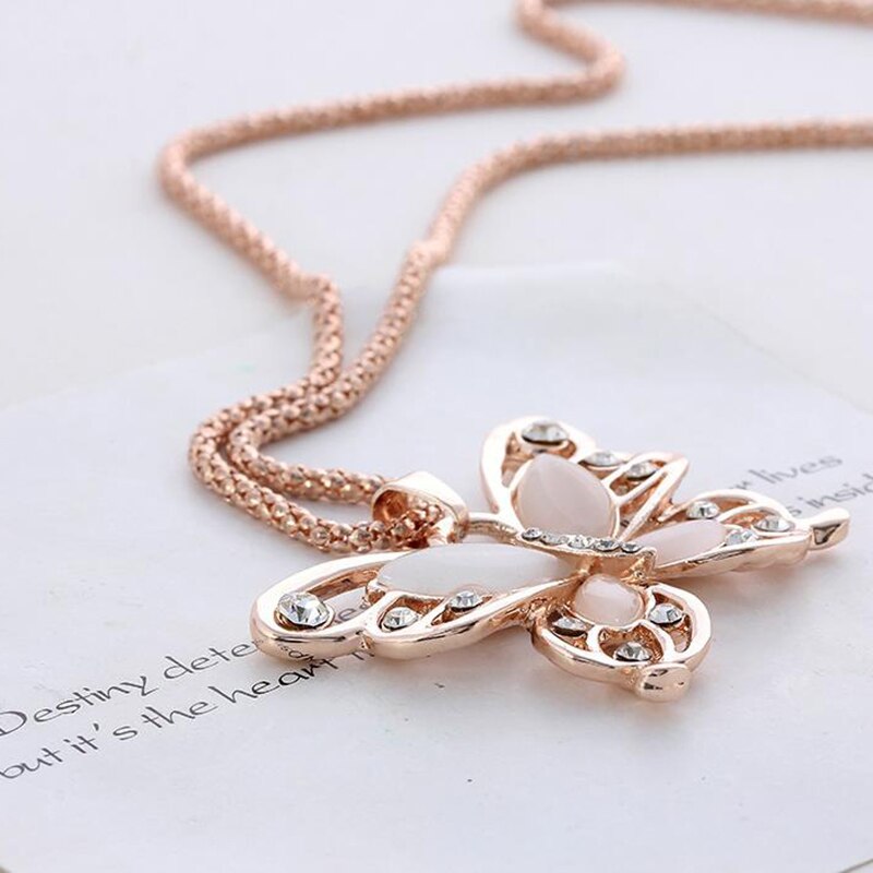 Rose Gold Opal Butterfly Pendant Women's Exquisite Necklace Sweater Chain jewelry