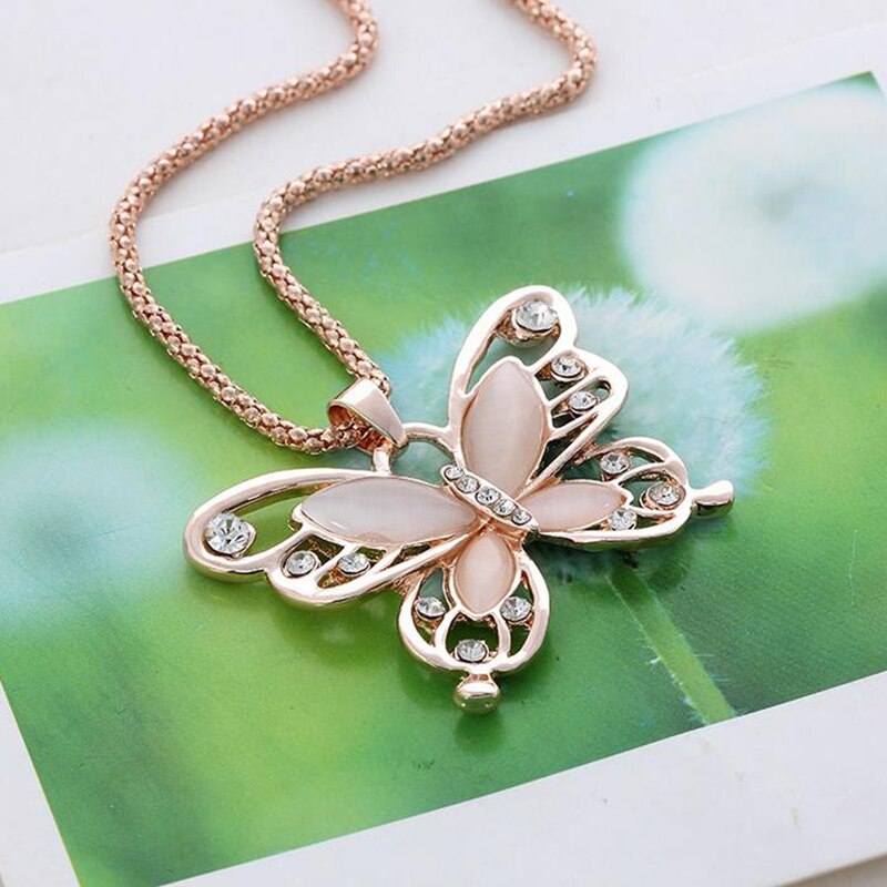 Rose Gold Opal Butterfly Pendant Women's Exquisite Necklace Sweater Chain jewelry
