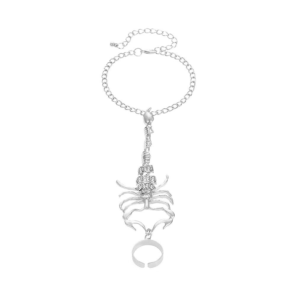 Vintage Punk Scorpion Tassel Chain Ring Bracelet Sets for Women Men Gothic Crystal Ring Connected Finger Charm Bracelets Jewelr