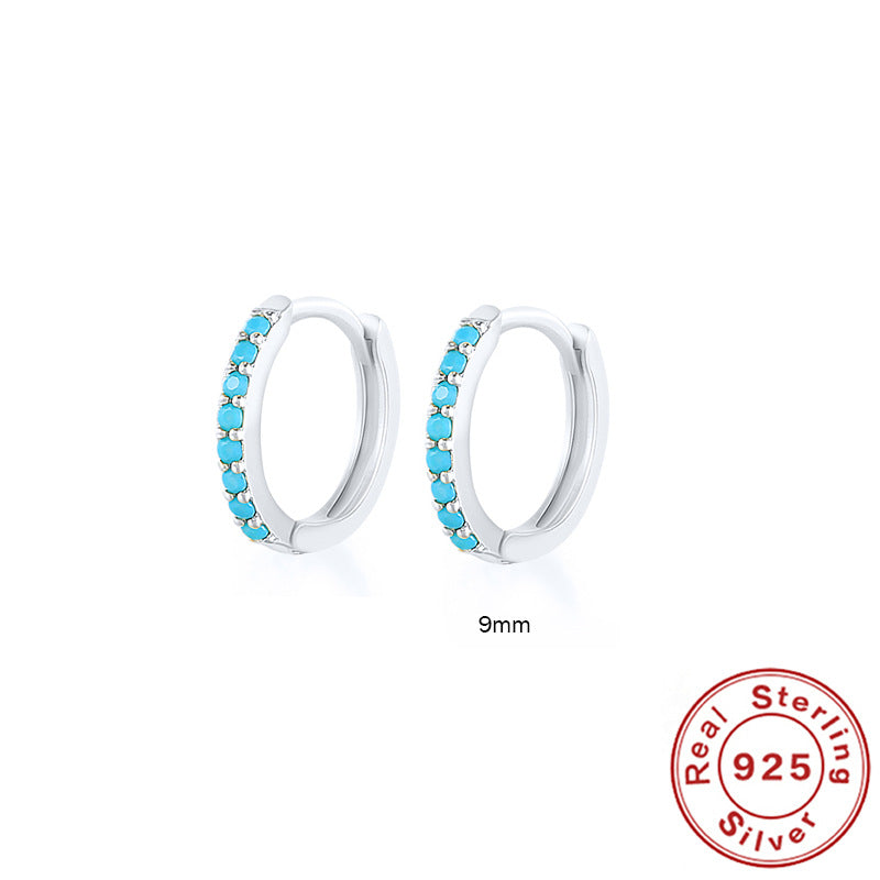 S925 Sterling Silver Circle Earrings with Turquoise and Diamond Inlay 18K Gold Plated Stud Earrings Jewelry