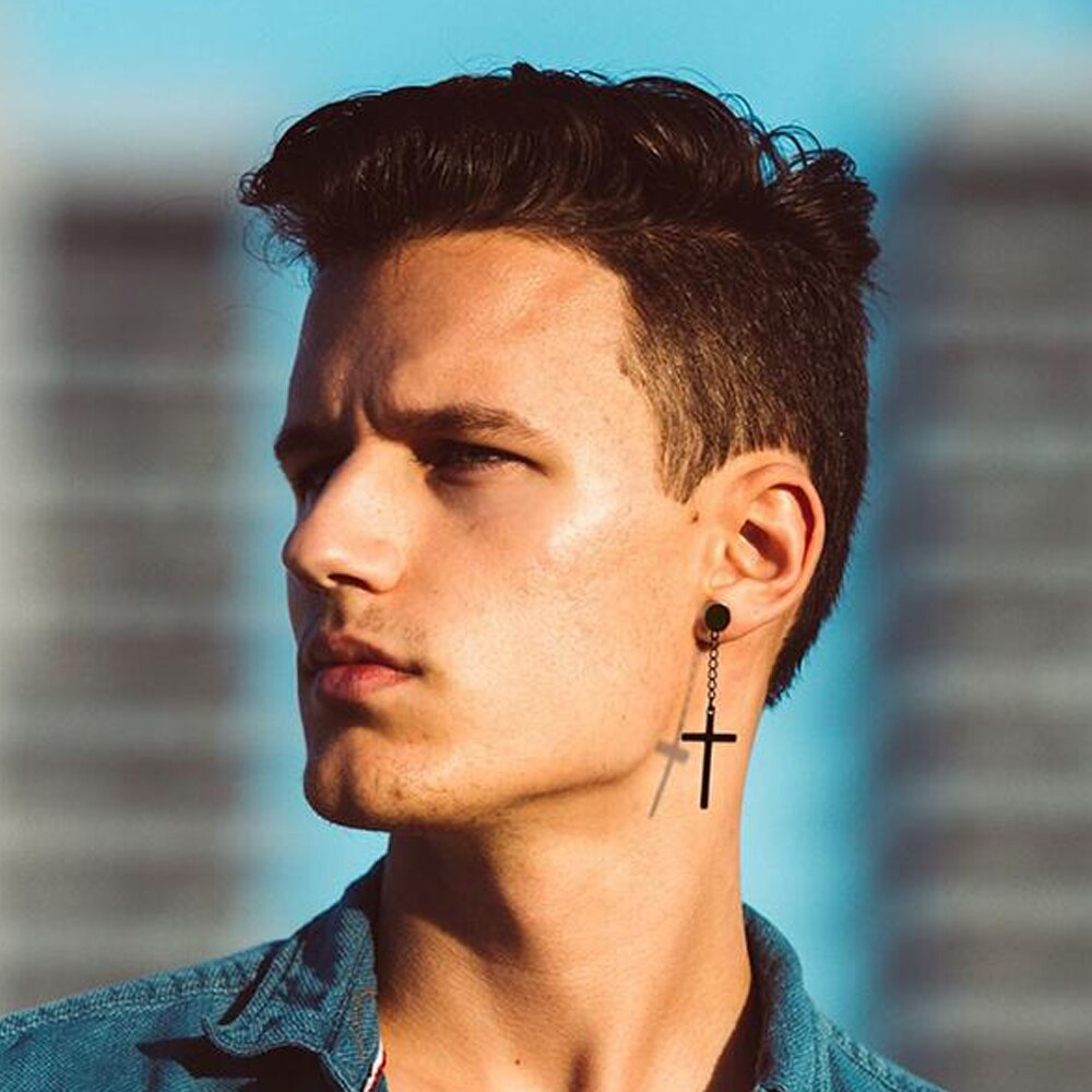 SexeMara 1 Piece Punk Gothic Stainless Steel Stud Earring Cross Round Fake Ear Taper Dumbbell Fashion Women Men Rock Jewelry
