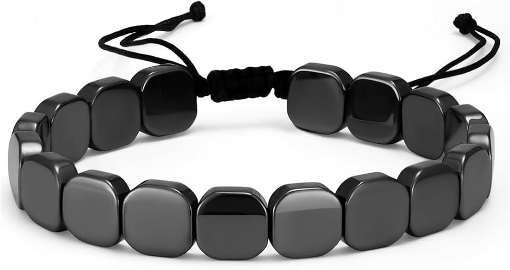 Cubed Black Onyx Bracelet for Men, Hematite Elastic Mix-and-Match Beaded Bracelet, Braided Adjustable Jewelry