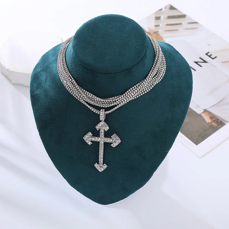 New Gothic Shiny Rhinestone Chain With Cross Pendant Choker Necklace For Women Jewelry Maxi Trendy Statement Necklace