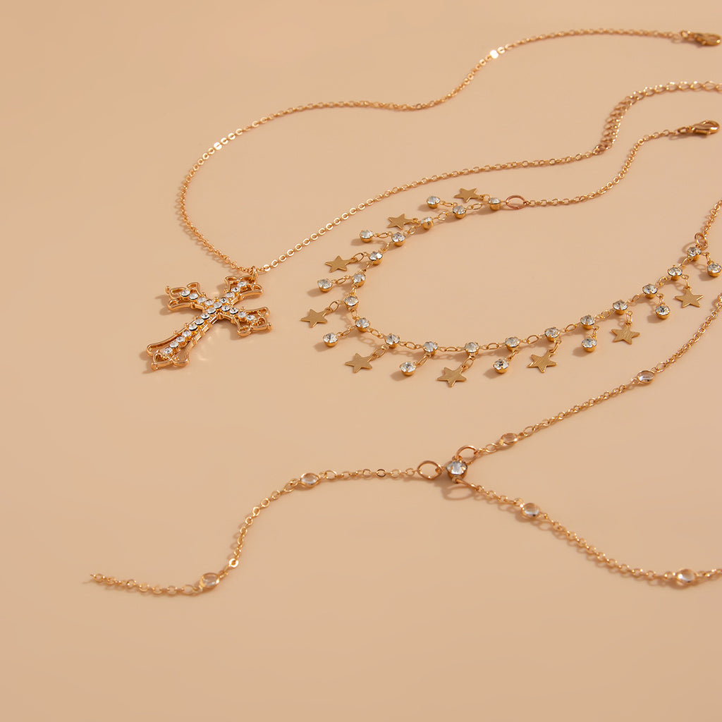 Baroque style stacked cross necklace, retro pentagram alloy pendant necklace