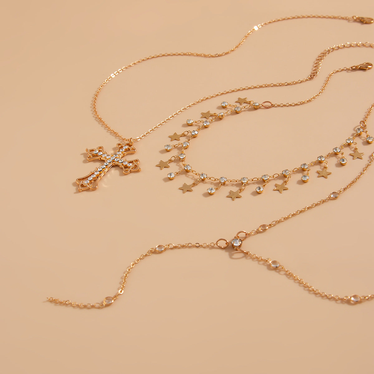 Baroque style stacked cross necklace, retro pentagram alloy pendant necklace