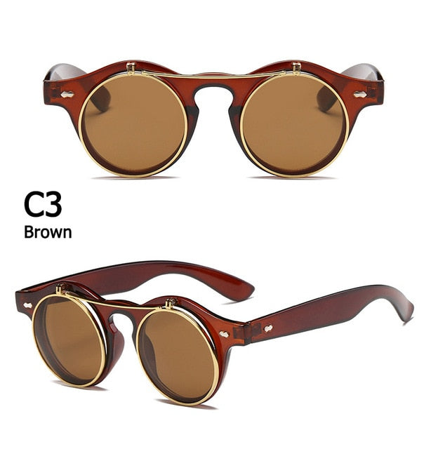 Round SteamPunk Flip Up Sunglasses Classic Double Layer Clamshell Design Sun Glasses