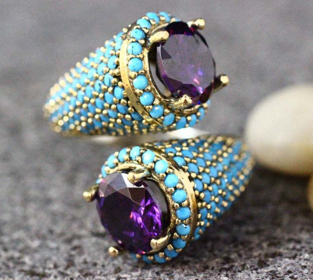 Vintage Gold Color Turquoises Beaded Opening Ring For Women Girls Punk Gothic Party Retro Purple Zircon Jewelry Gift G4M853