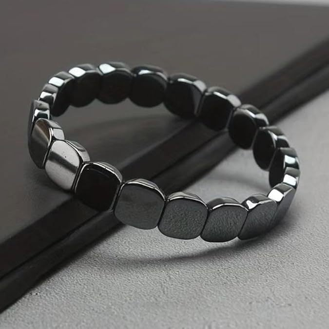 Cubed Black Onyx Bracelet for Men, Hematite Elastic Mix-and-Match Beaded Bracelet, Braided Adjustable Jewelry