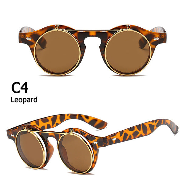 Round SteamPunk Flip Up Sunglasses Classic Double Layer Clamshell Design Sun Glasses