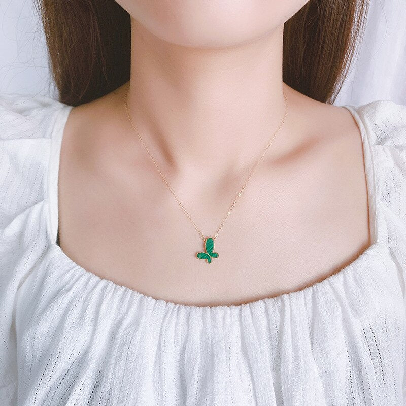 YUNLI Real 18K Gold Butterfly Pendant Necklace Natural Agate Stone Pure Solid AU750 Chain Fine Jewelry Gift for Women PE020