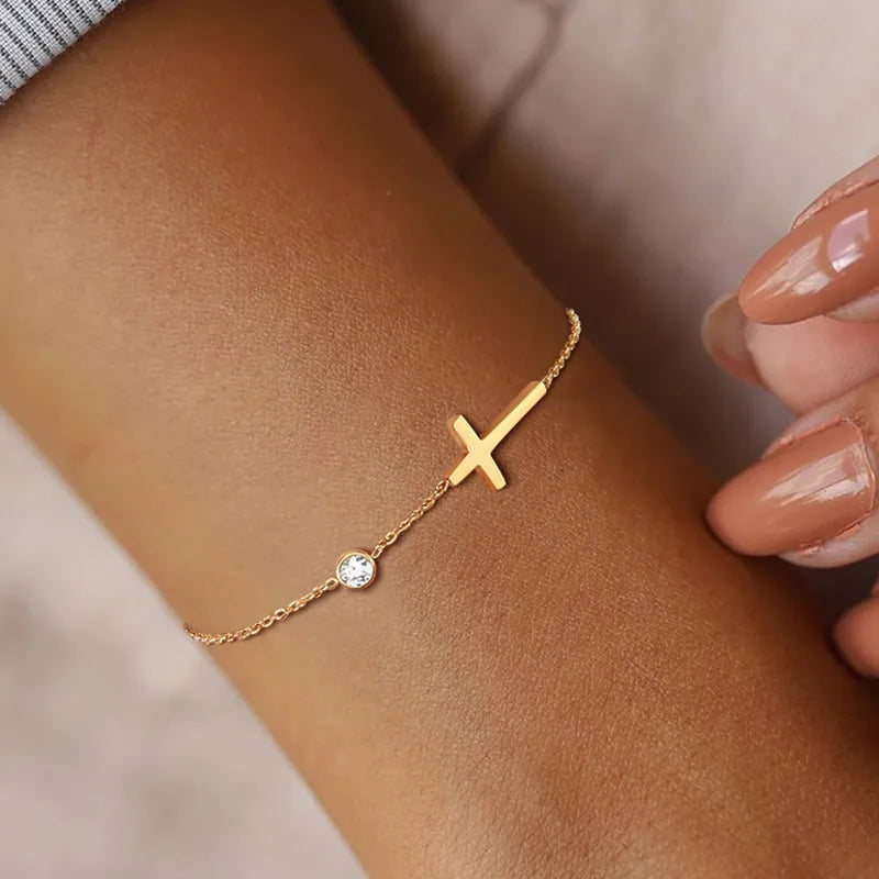 18k gold collarbone chain with micro inlaid cross necklace and bracelet
