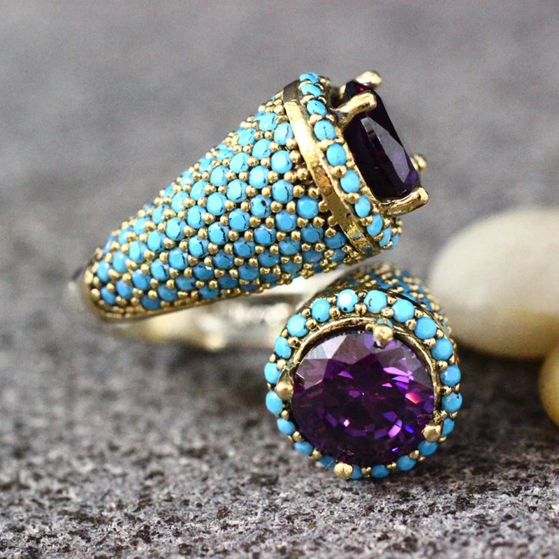 Vintage Gold Color Turquoises Beaded Opening Ring For Women Girls Punk Gothic Party Retro Purple Zircon Jewelry Gift G4M853